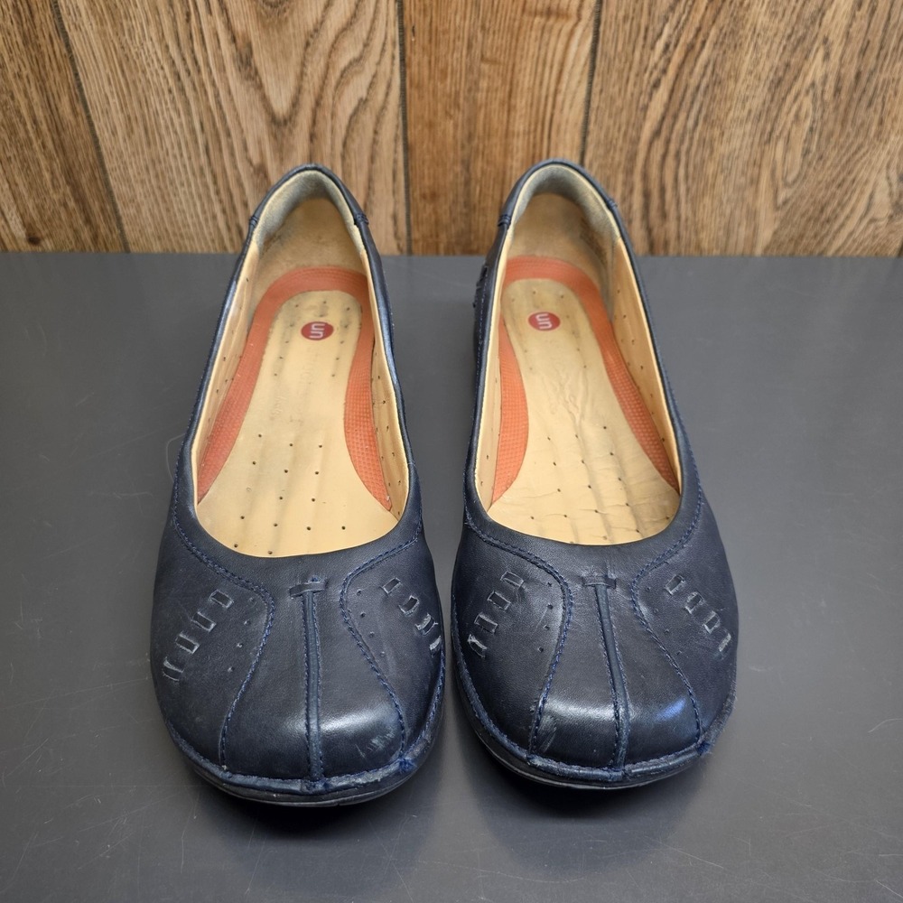 Clarks Ballet Flat Shoes Women 9 W Blue Leather Slip On Comfort Unstructured - Picture 3 of 8